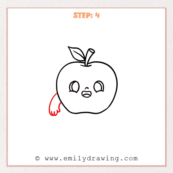 how to draw a cartoon apple - Cartoon apple with leaf, stem, and cute face, now with a short curved left arm and a mitten-like hand with three rounded fingers.